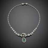 White gold diamond and emerald necklace with central adjustable as cm 3.80 circa brooch with ct. 1.70 circa pear shape emerald - photo 1