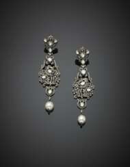Silver and 9K gold pendant earrings with irregular diamonds and holding two mm 11.50 x 10 circa cultured pearls