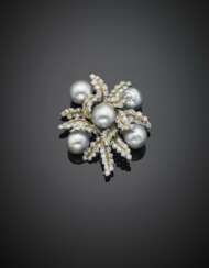 Bi-coloured gold diamond and grey cultured pearl floral brooch