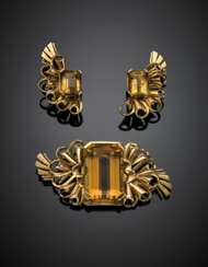 Yellow gold and citrine quartz jewellery set comprising cm 6.20 circa brooch and cm 3.80 circa earclips