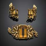 Yellow gold and citrine quartz jewellery set comprising cm 6.20 circa brooch and cm 3.80 circa earclips - photo 1