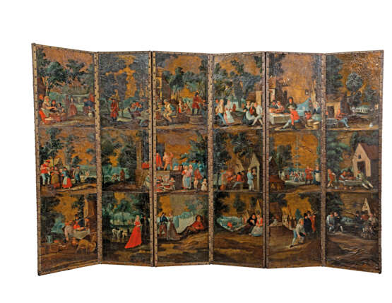 A DUTCH EMBOSSED AND PAINTED LEATHER SIX-FOLD SCREEN - Foto 1