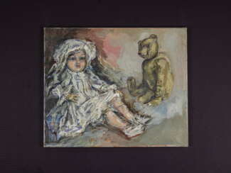 Antique painting "Doll and Bear"