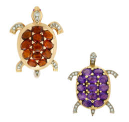 CITRINE, AMETHYST, RUBY AND DIAMOND TURTLE BROOCHES