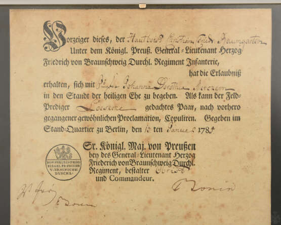 SCHRIFTEN, mit Tinte beschriebenes Papier hinter Glas gerahmt, Berlin/Preussen 1785 - Foto 2