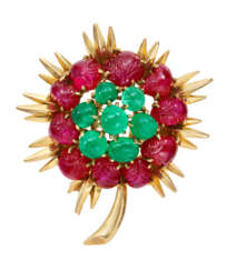 CHAUMET RETRO EMERALD AND RUBY BROOCH
