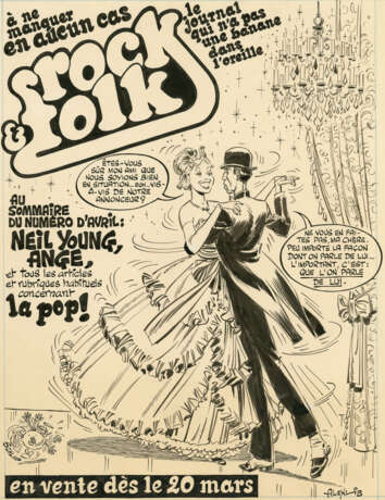 ALEXIS (1946-1977)Rock & Folk - Dans la joie jusqu’au couEncre de Chine sur papier pour ce dessin publié dans le n° 4 du magazine Fluide glacial de 1976. Il a également été utilisé comme 4e de couverture de l’album Dans la joie jusqu’au cou. Signé, 26x19, - Foto 1
