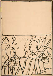 HERGÉ (1907-1983)Tintin - Le temple du soleilEncre de Chine sur papier pour la case 3 du premier strip de la planche 36 parue en pages 8-9 du n° 22 du journal Tintin de 1947. 10,8x7,4 cm. 1947.