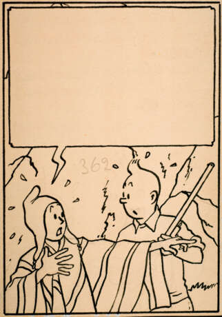 HERGÉ (1907-1983)Tintin - Le temple du soleilEncre de Chine sur papier pour la case 3 du premier strip de la planche 36 parue en pages 8-9 du n° 22 du journal Tintin de 1947. 10,8x7,4 cm. 1947. - Foto 1