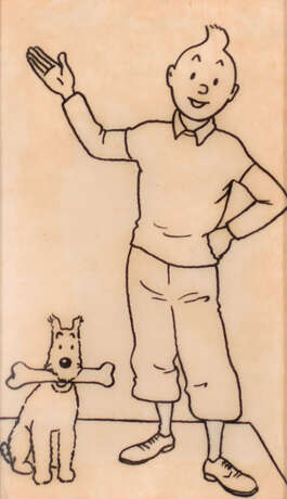 HERGÉ (1907-1983)Tintin au TibetEncre de Chine sur calque pour ce dessin utilisé dans une publicité relative aux tentures “Tintin” et publié en page 4 du n° 9 du journal Tintin du 27 février 1952.8,2x5,2 cm. Le certificat des Studios Hergé est joint. - photo 1