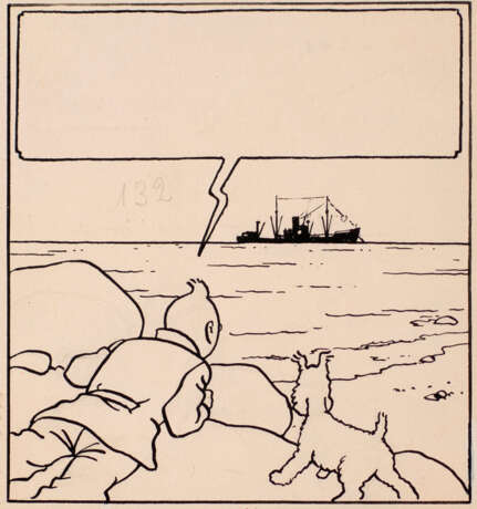HERGÉ (1907-1983)Tintin - Le Temple du soleilEncre de Chine sur papier pour la case 4 du strip n°3 de la planche 21 parue en pages 8-9 du n° 7 du journal Tintin de 1947. 10,8x10,1 cm. Le certificat des Studios Hergé est joint. - фото 1
