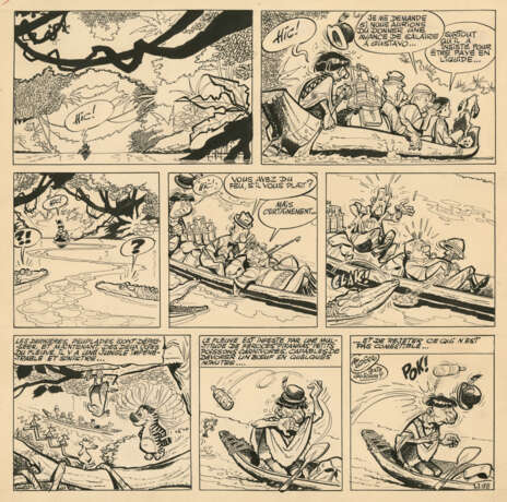 ALBERT UDERZO (1927-2020)Luc Junior chez les PaspartosEncre de Chine sur papier pour la planche 98 (en numérotation continue) publiée dans le magazine La Libre Junior en 1956. Signé, 29x29 cm. - Foto 1