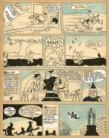 WILLY VANDERSTEEN (1913-1990)Bob et Bobette – La dame en noirEncre de Chine et aquarelle bleue pour la planche 11 de la cinquième a aventure de Bob et Bobette parue en 1947 dans De Standaard. 24,8x19 cm. - Foto 1
