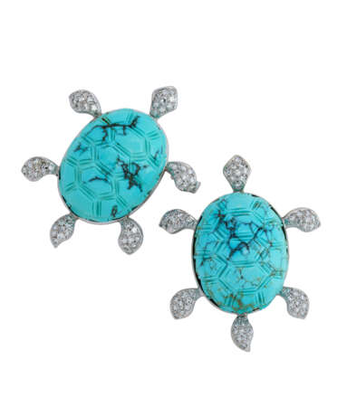 TURQUOISE AND DIAMOND TURTLE BROOCHES - photo 1