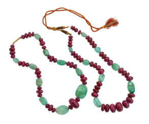 TWO RUBY AND EMERALD BEAD NECKLACES