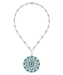 GRAFF EMERALD, SAPPHIRE AND DIAMOND PENDENT NECKLACE WITH GIA REPORT