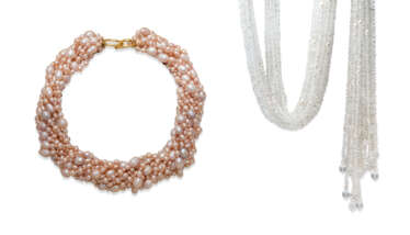 NO RESERVE COLOURED CULTURED PEARL NECKLACE; AND CULTURED PEARL AND GLASS NEGLIGÉ NECKLACE