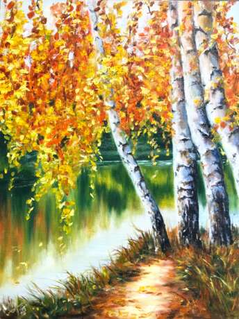 Design Gemälde „Herbstbirken am Fluss“, Leinwand, Ölfarbe, Impressionismus, Landschaftsmalerei, 2020 - Foto 1