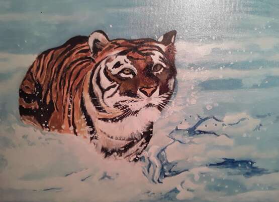 Painting “Bathing tiger”, Mixed medium, Oil paint, Realist, Battle, 2020 - photo 1