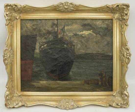 AUGUST BRAUNSCHWEIGER,"Italienischer Frachter im Hafen", Öl auf Leinwand, gerahmt, mehrfach signiert und datiert - Foto 24
