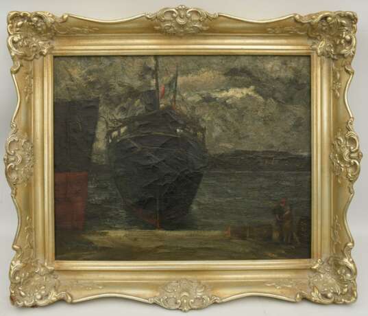 AUGUST BRAUNSCHWEIGER,"Italienischer Frachter im Hafen", Öl auf Leinwand, gerahmt, mehrfach signiert und datiert - Foto 13