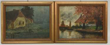 AUGUST BRAUNSCHWEIGER:", Zwei holländische Landschaftszenen", Öl auf Holz, gerahmt und signiert, um 1910