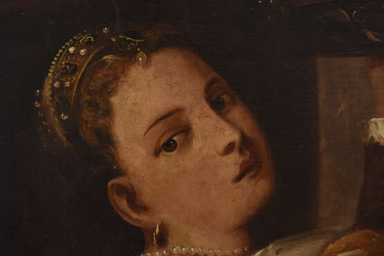 TIZIAN(O VECELLIO). Nach. "Mädchen mit Fruchtschale",Öl auf Leinwand nach Tizians Originalgemälde um 1555 - Foto 2