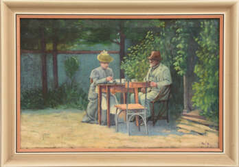 UNBEKANNTER KÜNSTLER,"Paar beim Kaffee", Öl auf Leinwand, gerahmt und signiert, vermutlich Österreich-Ungarn um 1900