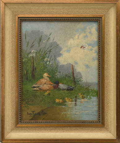 EUGEN FRANK-COLON, "Enten am Weiher", Öl auf Holzplatte, gerahmt und signiert, um 1920 - photo 1