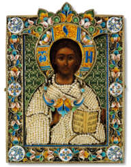 A SILVER-GILT CLOISONNÉ ENAMEL AND SEED-PEARL ICON OF CHRIST...