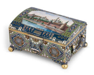 A RARE AND LARGE SILVER-GILT CLOISONNÉ, GUILLOCHÉ AND EN PLE...