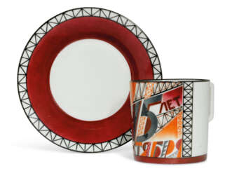 A SOVIET PROPAGANDA PORCELAIN CUP AND SAUCER FROM THE 15 YEA...