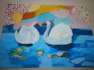 Inexpensive painting. Interior. Scenery. Nature. Swans in the lake.