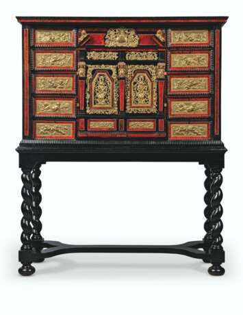 A FLEMISH GILT-METAL MOUNTED AND PARCEL-GILT TORTOISESHELL, EBONY AND IVORY CABINET-ON-STAND - фото 1