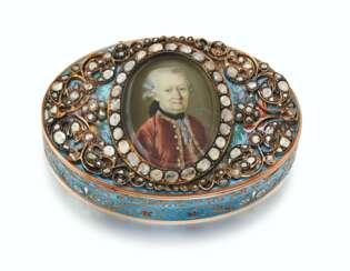 A SWISS JEWELLED ENAMELLED GOLD SNUFF BOX