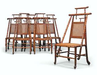 A SUITE OF SIX FRENCH MAHOGANY BAMBOO-FORM FAUTEUILS