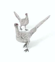 A PAIR OF GERMAN SILVER PHEASANT TABLE ORNAMENTS 