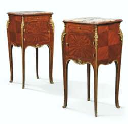 A PAIR OF FRENCH ORMOLU-MOUNTED MAHOGANY, WALNUT, AND AMARANTH PARQUETRY BEDSIDE CABINETS
