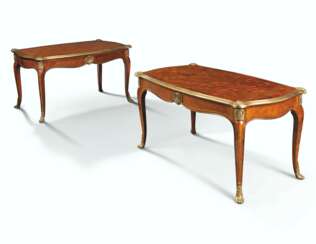 A PAIR OF FRENCH ORMOLU-MOUNTED MAHOGANY AND WALNUT PARQUETRY LOW TABLES