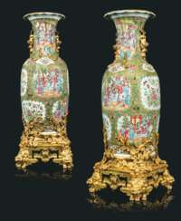 A PAIR OF LARGE FRENCH ORMOLU-MOUNTED CHINESE EXPORT FAMILLE...