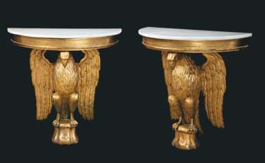 A PAIR OF RUSSIAN GILTWOOD EAGLE CONSOLE TABLES