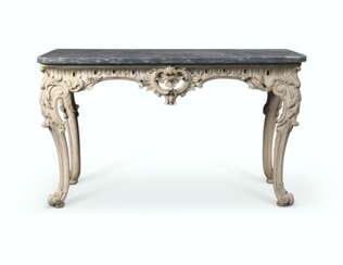 A PAIR OF GEORGE II GREY-PAINTED CONSOLE TABLES