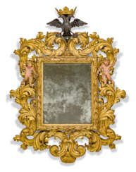 A NORTH ITALIAN PARCEL-GILT AND POLYCHROME-PAINTED MIRROR