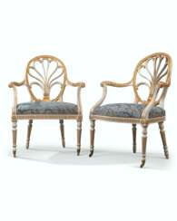 A PAIR OF GEORGE III WHITE-PAINTED AND PARCEL-GILT OPEN ARMC...