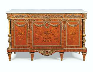 A FRENCH ORMOLU-MOUNTED KINGWOOD, MAHOGANY, AND MARQUETRY CO...