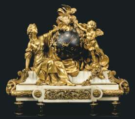 A NAPOLEON III ORMOLU, BLUE TOLE, AND WHITE MARBLE MANTLE CL...