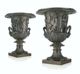 A PAIR OF FRENCH PATINATED BRONZE BORGHESE VASES