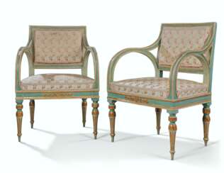 A PAIR OF NORTH ITALIAN BLUE-PAINTED AND PARCEL-GILT FAUTEUI...