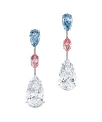 EXCEPTIONAL PAIR OF DIAMOND AND COLOURED DIAMOND EARRINGS