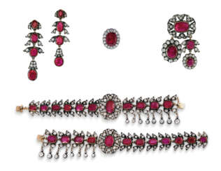 RUBY AND DIAMOND CHOKER, BROOCH, EARRING AND RING SUITE